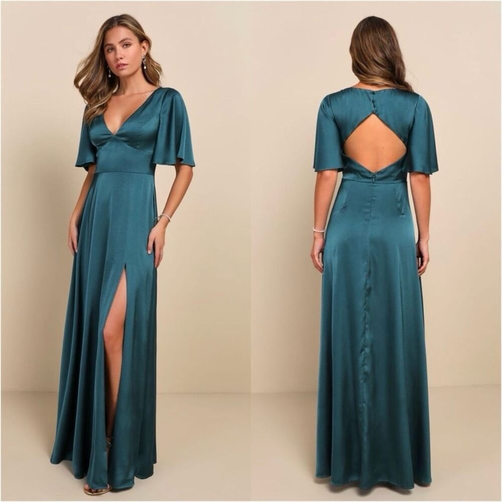 Lulus Elegant Confidence Teal Satin Flutter Sleeve Cutout Maxi Dress Size L NWT